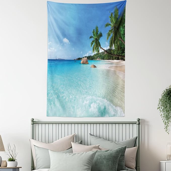Ambesonne Ocean Tapestry, Anse Lazio Beach at Praslin Island Surfing Beach Scenic View Travel, Wall Hanging for Bedroom Living Room Dorm Decor, 40" X 60", Blue and Turquoise
