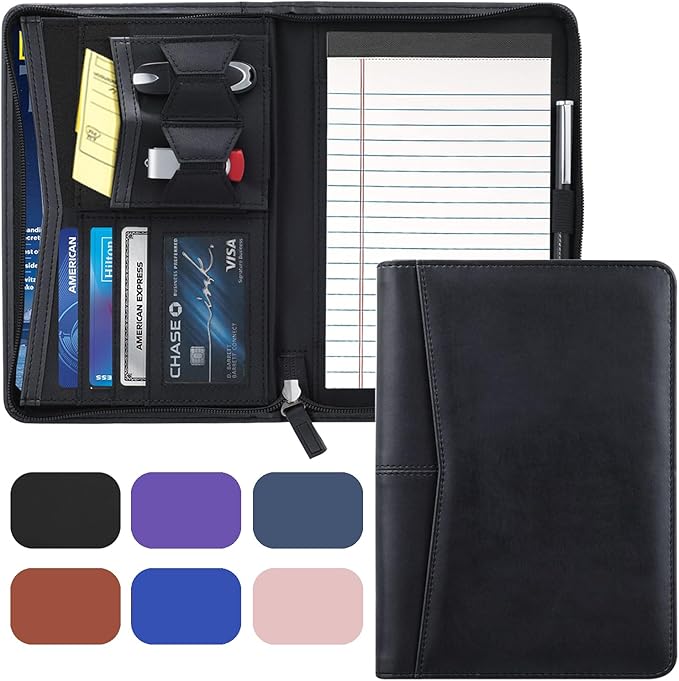 Small Portfolio Organizer, A5 Zippered Business Portfolio, Junior Padfolio Folder Binder for Women & Men, 5 x 8 Writing Pad Included, Black