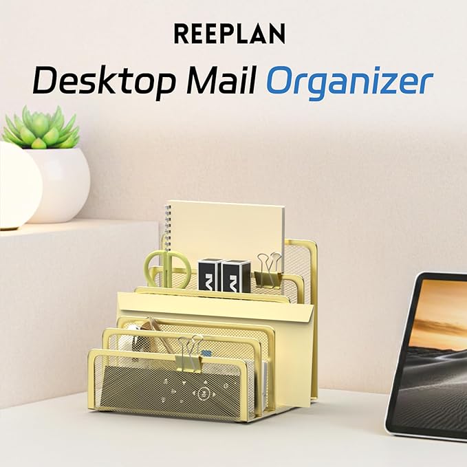 Mail Organizer Countertop with 5 Slot, Metal Mail Holder for Desk, File Holder Letter Sorter for Envelope, Bill and Document (Gold)