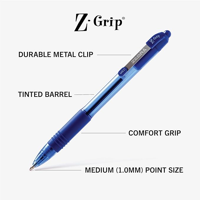 Zebra Pen Z-Grip Retractable Ballpoint Pen, Smooth-Flowing Blue Ink, 1.0mm Medium Point, School & Office Supplies, Ideal for Note-Taking, Journal and Planner Use, 12-Count (22220)