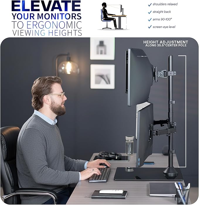 VIVO Triple Monitor Extra Tall Desk Stand for up to 49 inch Ultrawides on Center Bracket and 27 inch Screens on Side Brackets, Holds up to 44 lbs, Tempered Glass Base, Black, STAND-V103T-GB
