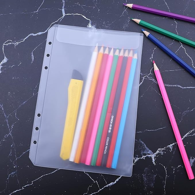 Binder Pockets, 15pcs A5 Size 6 Holes Binder Pockets, [Waterproof PVC Pouch] Premium Clear Binder Zipper Folders Document Filing Bags for 6-Ring Notebook Binder Loose Leaf Bags,-Clear