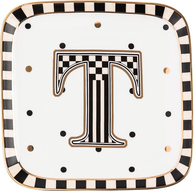 MACKENZIE-CHILDS Monogram Dish, Decorative Ceramic Letter Plate, 5 3/4" Square, T