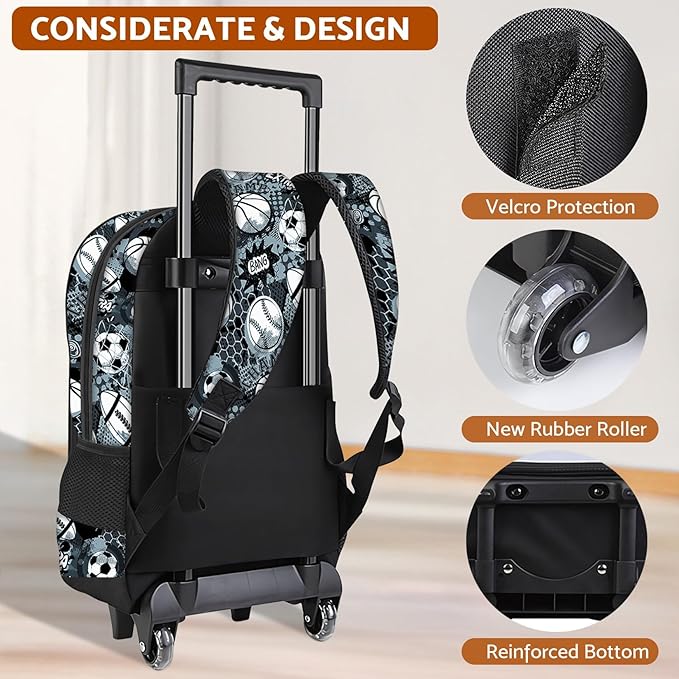 Basketball Rolling Backpack for Boys - 3PCS Boys Rolling Backpack with Lunch Box Set for Kids Children Teens Elementary Middle School,Sport Roller Bookbag with Wheels for Age 6-18