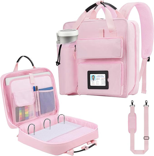 Zipper Binder 3 Ring 3-inch with Shoulder Strap & Backpack Straps, 700 Sheets Capacity Multiple Pockets Large Zip Up Binder File Folder Bag Fits 13 Inch Laptop, Pink