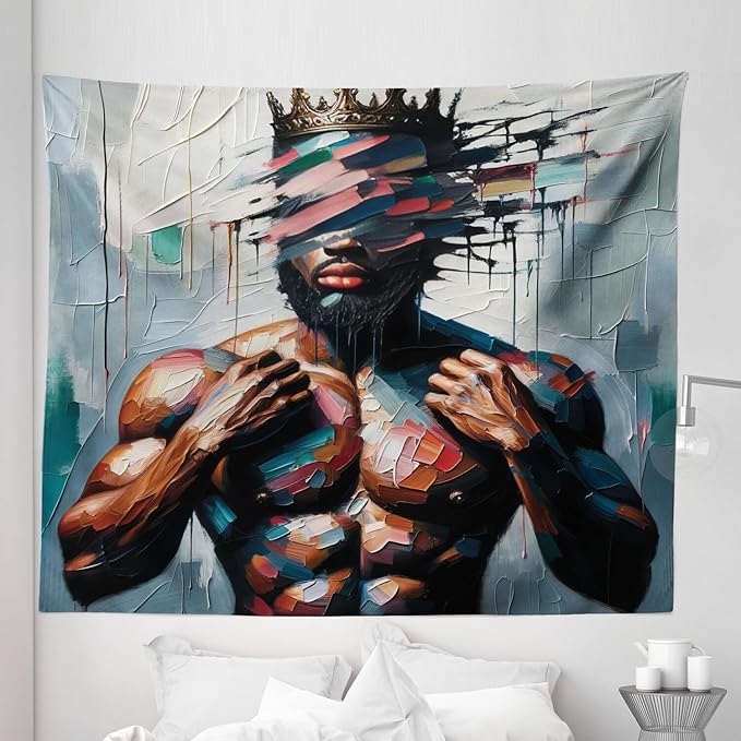 Ambesonne Afro Art Tapestry King Size, Strong Black Man with a Crown Face of Strokes Modern Painting Print, Wall Hanging Bedspread Bed Cover Wall Decor, 104" X 88", Blue Grey and Chocolate
