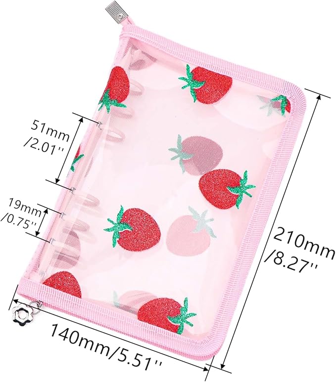 AxeWoodz Pink A6 Zipper Binder Clear Refillable Notebook Shell Cute Strawberry Lace Cover 6 Ring PVC Binder Cover for Photocard Planner Journal Photo Album