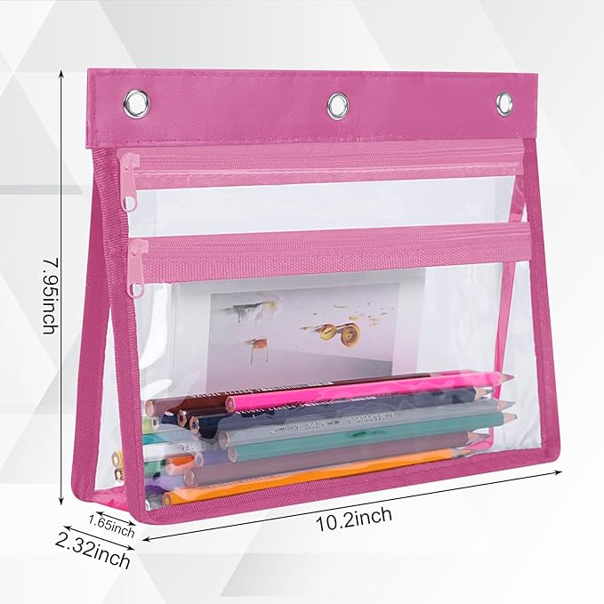 YoeeJob 6 Pack Zipper Pencil Pouches for 3 Ring Binder, 1.5 Inch Expandable with 2 Pockets and Clear Window for School and Office （Pink）