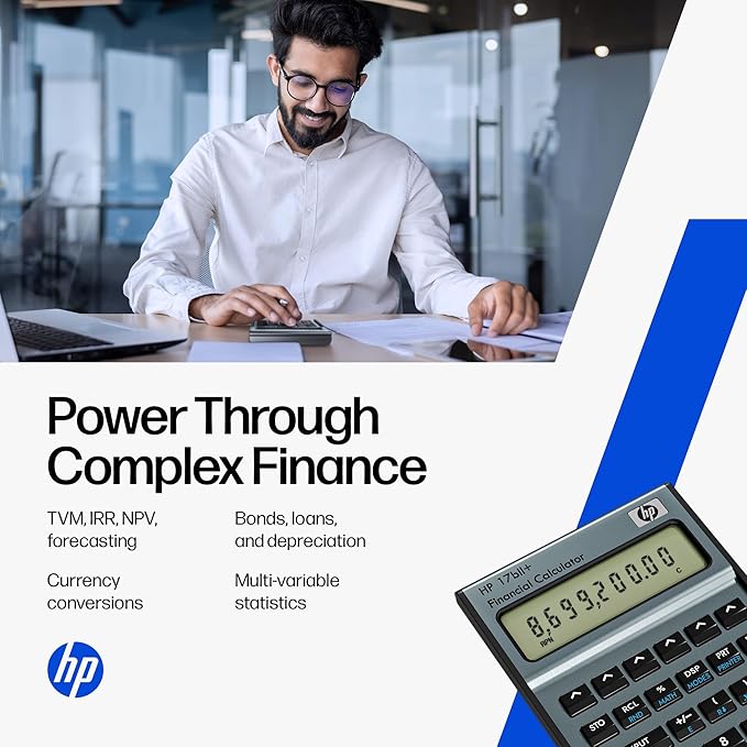 HP 17bII+ Financial Calculator – 250+ Professional Functions for Business, Finance & Accounting – RPN, Algebraic Entry, College Math Solver, 2-Line Display, 28KB Memory – Includes Case, Cleaning Cloth