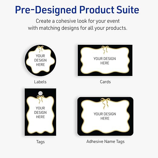 Avery Printable Adhesive Name Badges, 2-1/3" x 3-3/8", Pre-Printed Black Border with Metallic Gold Bow Design, Matte White, Laser & Inkjet Compatible, 80 Total
