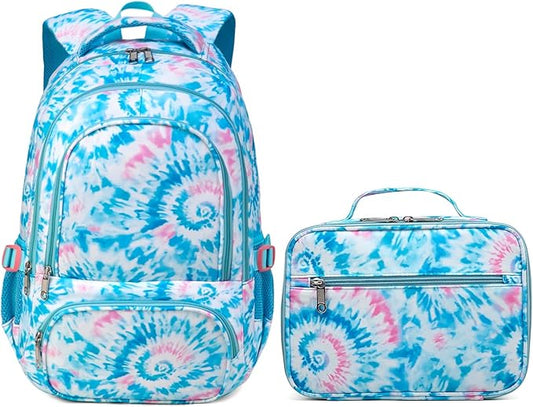 BLUEFAIRY Girls Backpack with Lunch Box for Kids Primary Elemenatry Book Bag Set Middle School Bookbags Set for Teens Childs Back to School Gifts 2 Pcs Blue