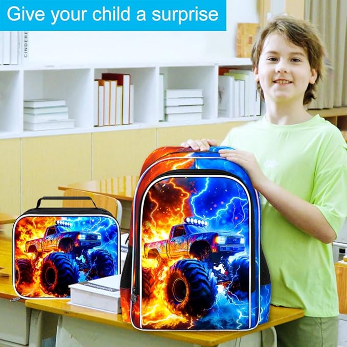 gxtvo 3PCS Kids Truck Backpack for Boys, 17" Boys Bookbag with Lunch Box, Water Resistant Middle Elementary School Bag - Fire & Lightning Truck