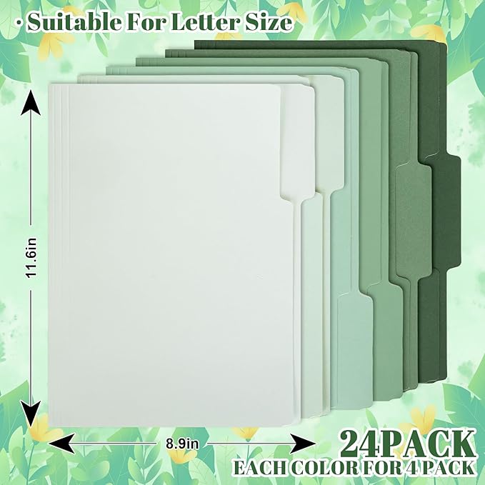 Whaline 24 Pack Sage Green File Folders Letter Size 6 Colors Gradient Green File Pockets with 1/3 Cut Tab for Home Office Classroom Supplies, 8.9 x 11.6 Inch