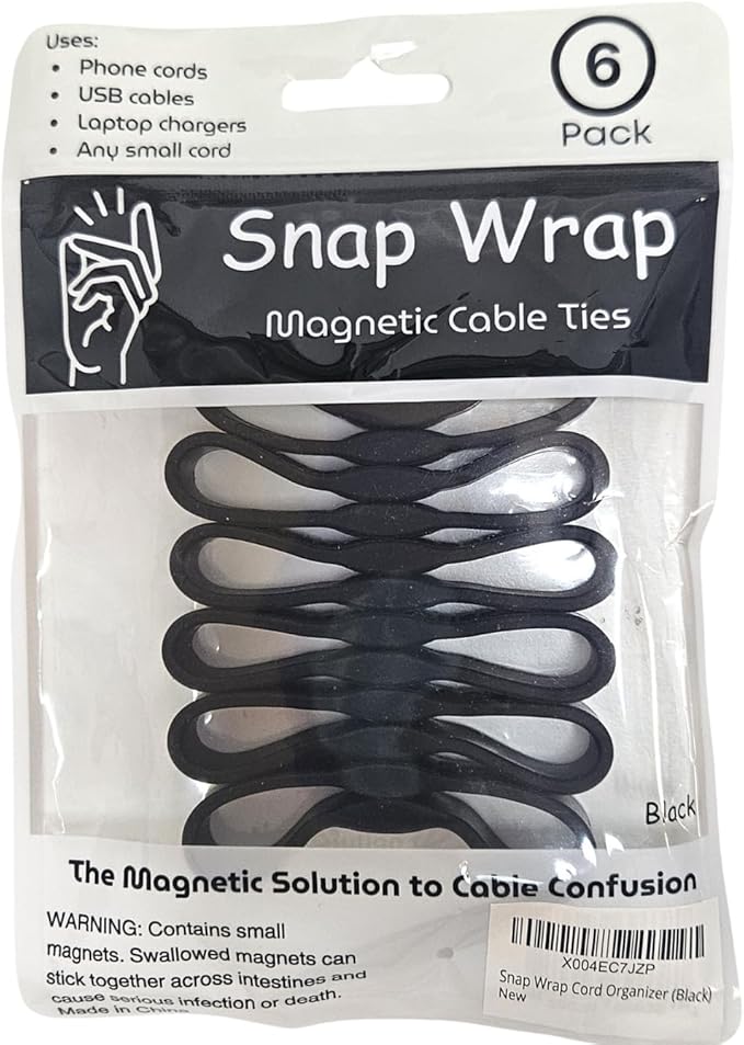 Snap Wrap | Pro Silicone Magnetic Cable Organizer 6-Pack | Easy One-Hand Operation Cable Management Bands for Home, Office, and Travel | Tidy Cable and Wire Storage