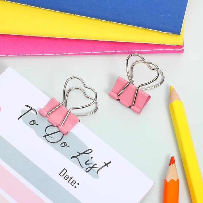 15 PCS Pink Heart Hollow Out Metal Binder Clips, Heart Shape Binder Clips Notes Letter Paper Clip for Paperwork School Home Office