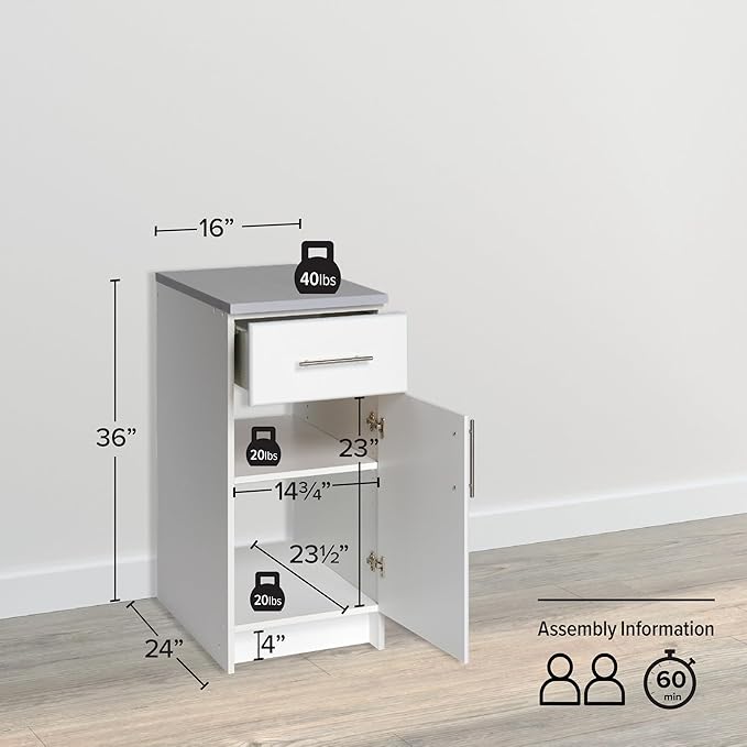 Prepac Elite 16” Wide White Storage Cabinet, Base Cabinet with 1 Drawer and 1 Adjustable Shelf Ideal for Garage, Cabinet, Kitchen, Home Office, 16”W x 36”H x 24”D