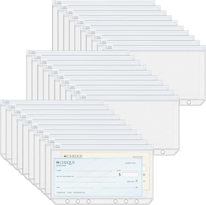 Antner 30pcs A6 Binder Pockets 6-Hole Budget Binder Inserts Cash Stuffing Envelopes for Budgeting, White Zipper Pouch Folders Loose Leaf Filling Bags Money Organizer for A6 6-Ring Planners and Binders
