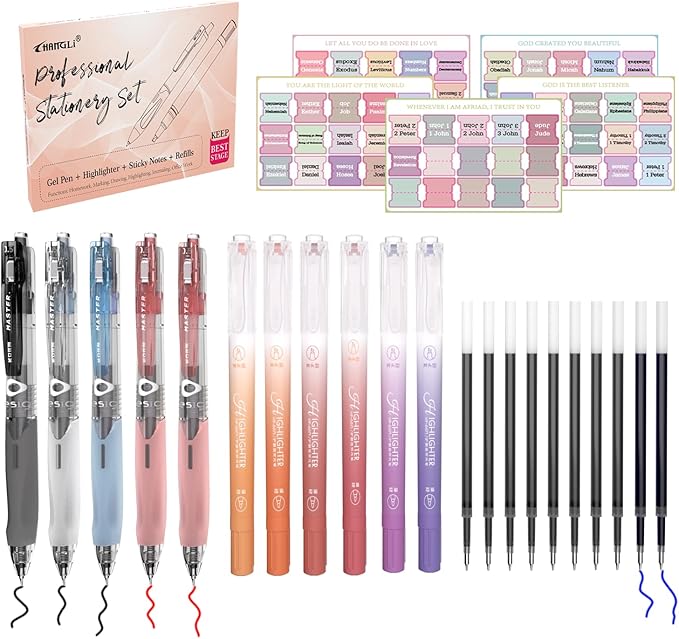CHANGLi Bible Study Gel Pen Set with Highlighters-3 Black 2 Red Gel Pens, 6 Dual-Tip Pastel Highlighters, 75 Bible Index Tabs&10 Refills-No Bleed, Smooth Writing-Perfect Christian Gift for Journaling