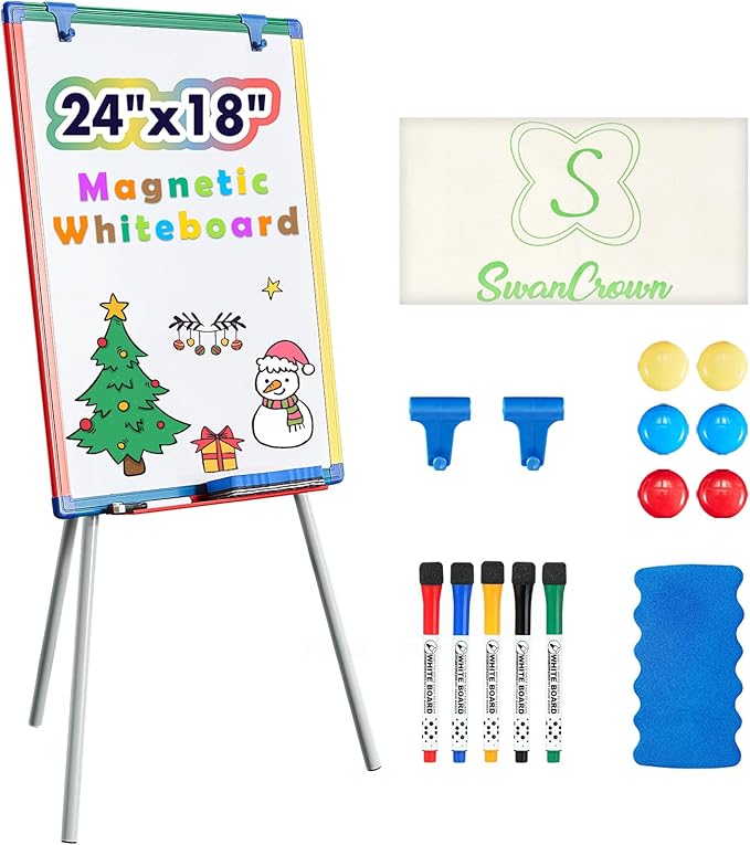 Dry Erase Board White Board for Kids 24x18 inch Art Easel for Kids Magnetic Tripod Whiteboard Art Easel and Flipchart Board with a Height-Adjustable Stand Perfect for Kid