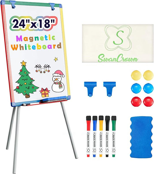Dry Erase Board White Board for Kids 24x18 inch Art Easel for Kids Magnetic Tripod Whiteboard Art Easel and Flipchart Board with a Height-Adjustable Stand Perfect for Kid
