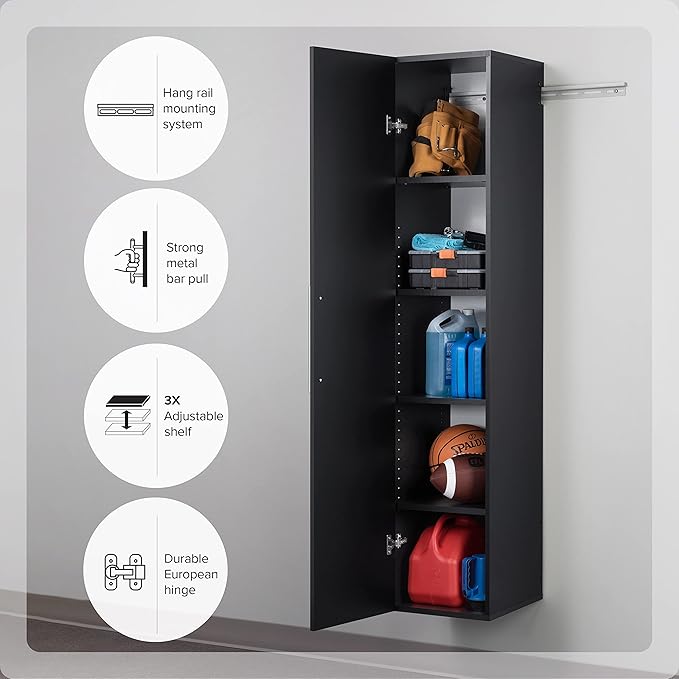 Prepac HangUps Narrow Wall Mounted Garage Storage Cabinet, Tall Storage Organizer Cabinet, 15" W x 72" H x 16" D, Black