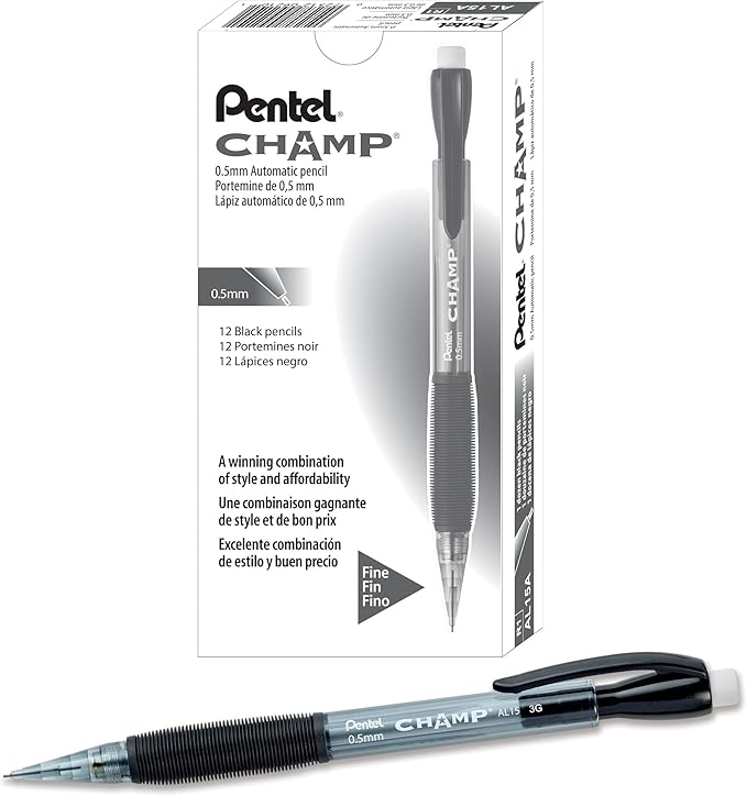 Pentel Champ Mechanical Pencil, (0.5mm) Lead Size, Black Barrel, Box of 12 (AL15A)