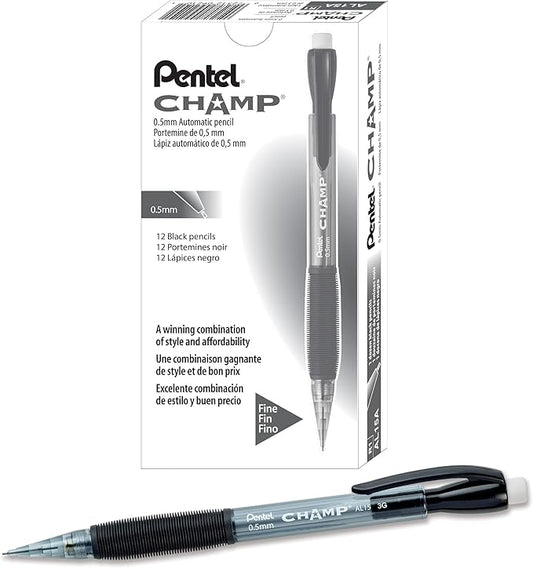 Pentel Champ Mechanical Pencil, (0.5mm) Lead Size, Black Barrel, Box of 12 (AL15A)