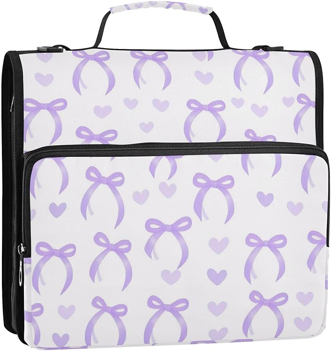 Purple Bow Love 3 Ring Binder with Zipper,Expanding File Folder and Shoulder Strap and Handle, 500 Page Capacity