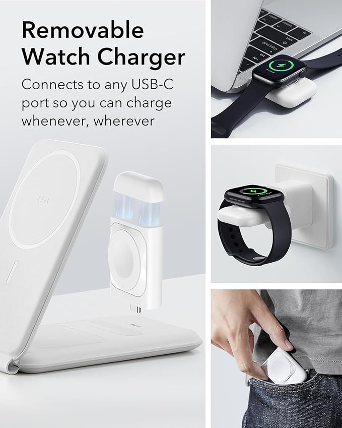 ESR for 3 in 1 Magsafe Charger, Travel Charger Stand Made for Apple Watch Certified, Foldable Charging Station Compatible with Magsafe and iPhone 17/16/15/14/13/12, AirPods 4/3/Pro, White