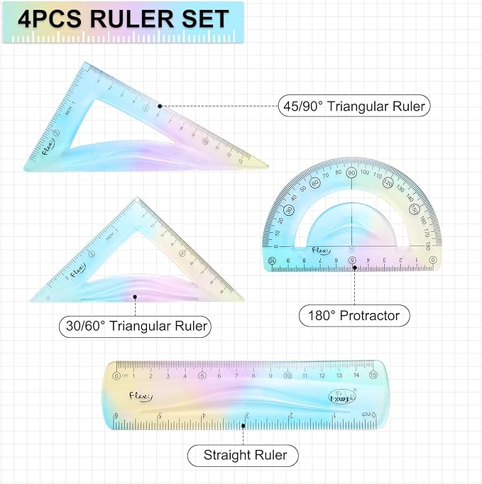 HARFINGTON 4pcs Triangular Ruler Set 15cm Plastic Flexible Straight Metric Soft Bendable Ruler Geometric Protractor Triangle Rulers for Home Office