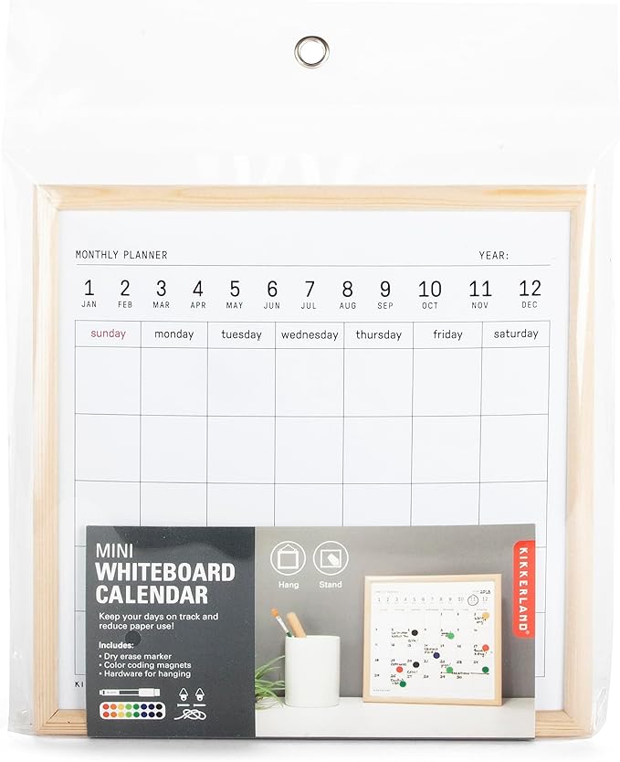 Kikkerland Mini White Dry Erase Board Calendar Black Dry Erase Marker, Small Mini White Board for Kids, Students, 8" x 8"
