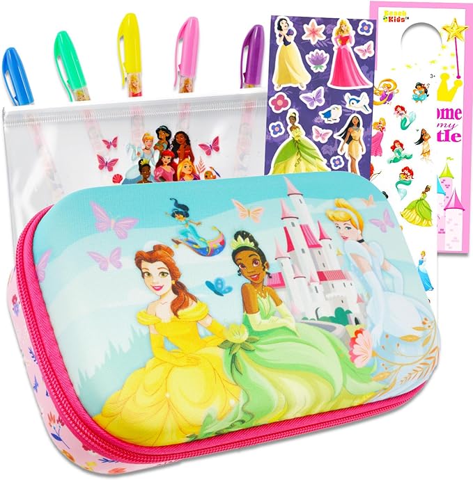 Disney Princess Pencil Case for Girls Princess Pencil Bag Bundle Princess Molded Pencil Case and 5 Princess Gel Pens Plus Stickers, More Princess School Supplies