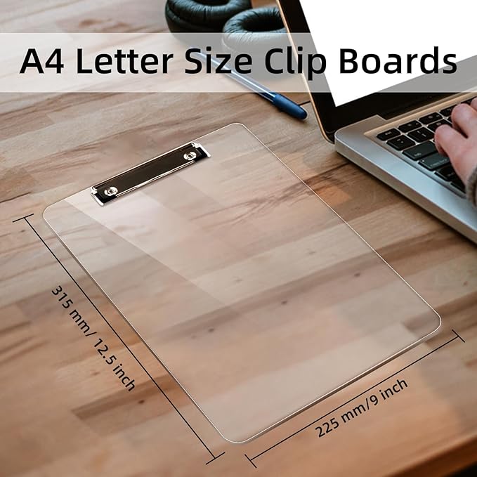 Plastic Clipboards Set of 12, A4 Acrylic Clear Board 8.5x11 for Classroom, Students, Transparent Letter Size 9" x 12.5" with Low Profile Clip, Office & School Supply