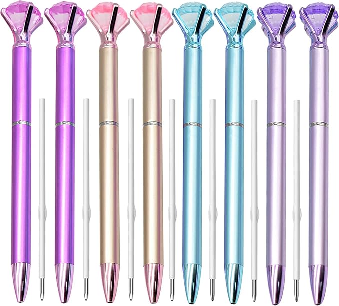 Maydahui 12 PCS Big Diamond Retractable Ballpoint Pen with 12 PCS Pen Refills Gem Pens Rhinestones Crystal Bling Plated Metal Color Black Gel Ink Ballpen for Women Students Girls