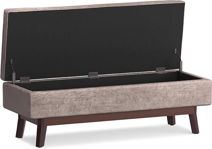 SIMPLIHOME Owen Rectangular Storage Ottoman - 48 inch Wide Upholstered Vegan Leather Lift-Top Ottoman in Distressed Grey Taupe, Mid-Century Modern Ottoman for Living Room with Tufted Detail