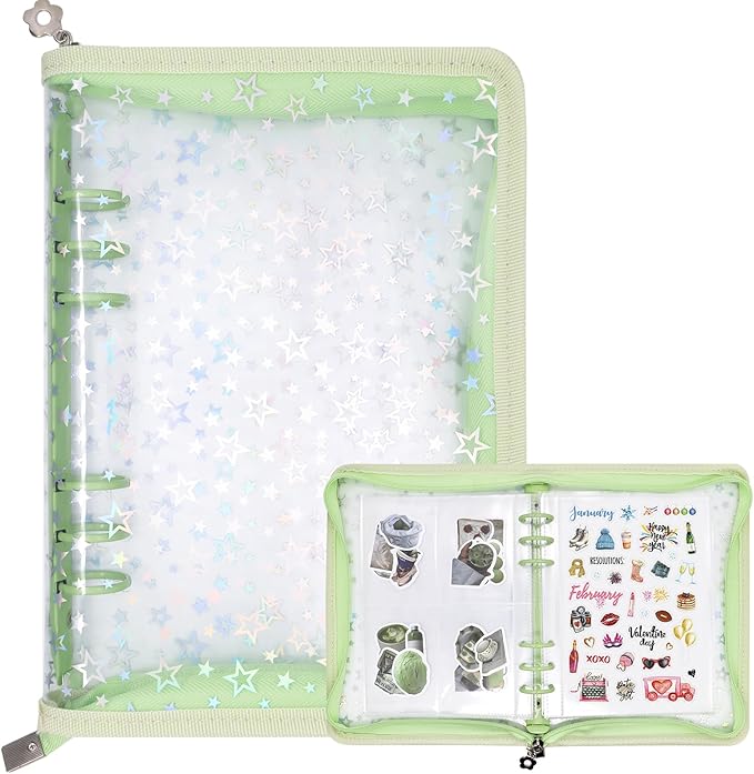 Sticker Organizer Binder - Reusable Sticker Collecting Book Storage Album Holder with Pocket Pages A5 Zipper Cover Collection Container (Green)