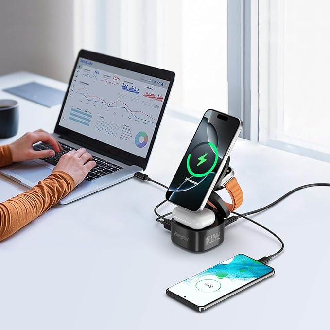 Energizer Foldable Apple Magsafe Charging Station with 65W USB C Fast Charger,5 in 1 Magnetic Wireless Charger Stand Dock for Multiple Devices iPhone 16 15 14 13 Pro Max Apple Watch AirPods MacBook