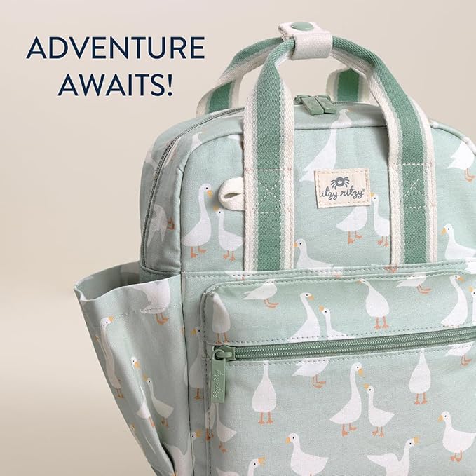 Itzy Ritzy Toddler Backpack - Daycare Bag - Features Adjustable Shoulder Straps, 2 Side Pockets & Spacious Interior with Wipeable Fabric Lining & Name Label, Goose