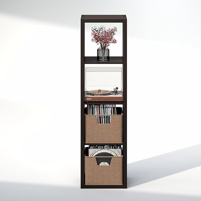 Furinno Cubicle Record Player Stand with Vinyl Storage, 4-Cube 1.2 Extra Thick Vinyl Record Storage, Open Back Media Shelf for CD DVD Blueray Game Disc, for Living Room, Home Office, Black Dark Oak