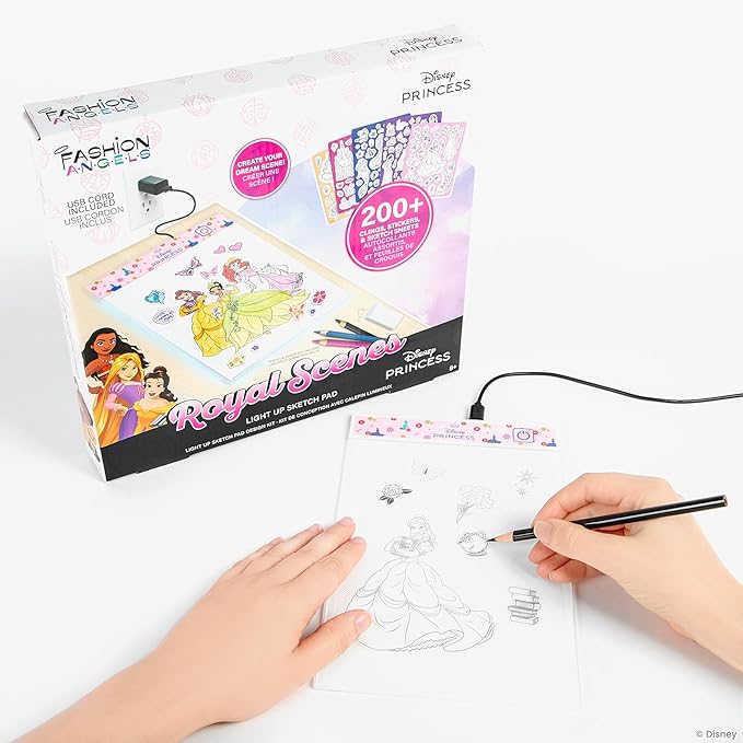 Fashion Angels Disney Princess Light Up Sketchpad, Kids Design Kit with Illuminated Tracing Pad, 5 Reusable Clings, Sticker Sheet & More for Girls Ages 8+