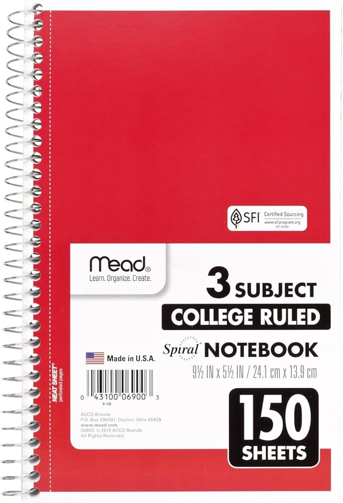 Mead Small Spiral Notebook, 3-Subject, College Ruled Paper, 9-1/2" x 5-1/2", 150 Sheets per Notebook, Color Will Vary, 1 Count (06900)