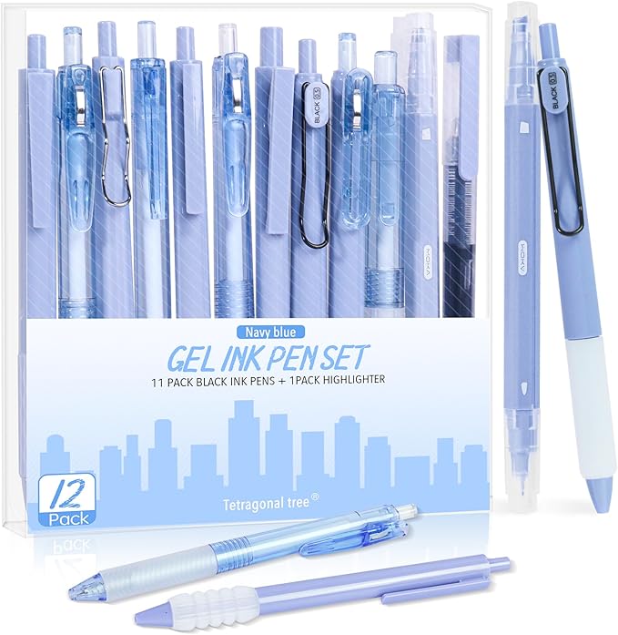 12Pcs Gel Pens Set, 11 Black Ink Pens, 1 Highlighter, Retractable 0.5mm Fine Point Pens for Office School (Navy Blue)