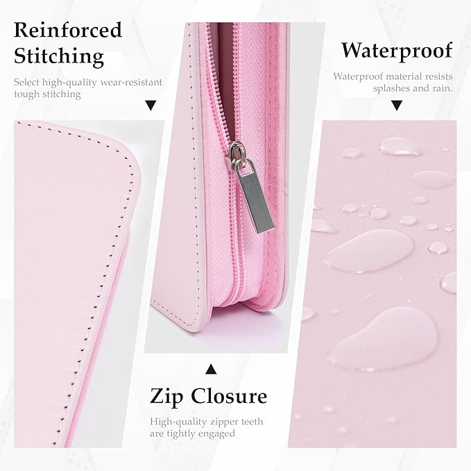 EYROZILL Zippered Leather 3 Ring Binder Organizer with Pockets – Business Portfolio Folder with Card Slots, Phone Holder, Pen Loop (Pink)