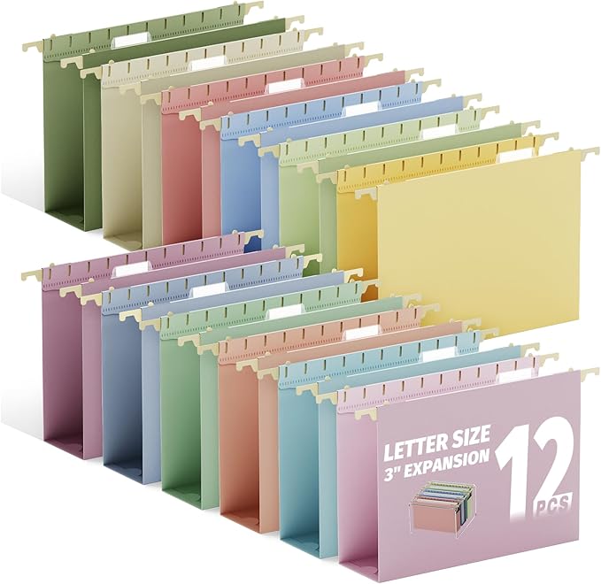 Ansook Letter Size Hanging File Folders Extra Capacity,3" Expansion Plastic Hang Folders for Filing Cabinet,Assorted Colors,12 Pack File Folders Hanging with Tabs,Office School Hanging File Organizer