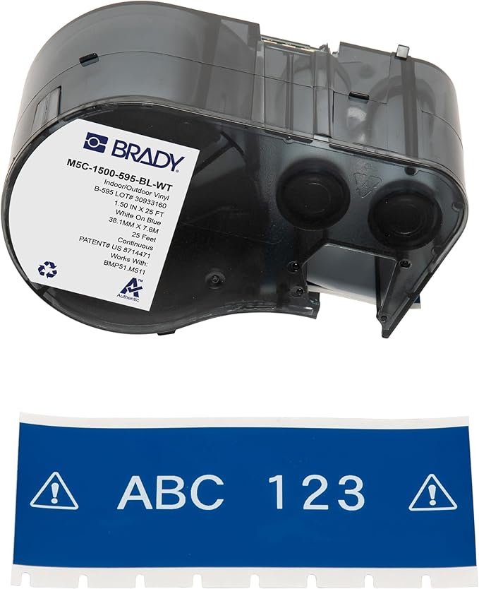 Brady Authentic (M5C-1500-595-BL-WT) All-Weather Vinyl Labels 1.5 in W x 25ft White on Blue. for use with BMP51, M510, and M511 Label Printers.