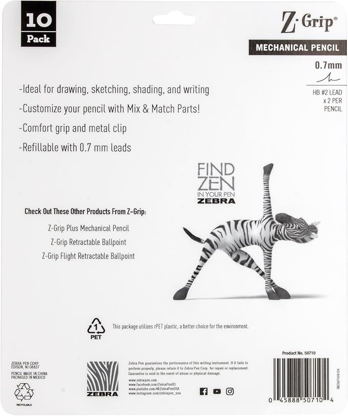 Zebra Pen, Z-Grip Mechanical Pencil, Smooth Writing, Latex-Free Grip, 0.7mm Lead, #2 HB, Pre-Loaded with Lead and Eraser, for School, Office, Everyday Use, Bright Colorful Barrels, 10-Pack, (50710)