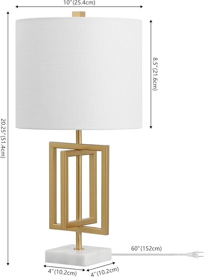 JONATHAN Y 20.25" Gold Contemporary Glam Metal and Marble Table Lamp, Modern Geometric Iron Desk Lamp for Bedroom Living Room, White Linen Shade, LED Bulb Included JYL1039A