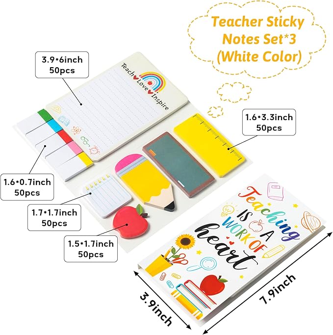 Xqumoi 3 Pack Teaching is A Work of Heart Sticky Notes Set - Ruler Blackboard Pencil Apple Shape Self-Stick Note Pads Teacher Appreciation Gift Writing Memo Pads Page Marker School Office Supplies
