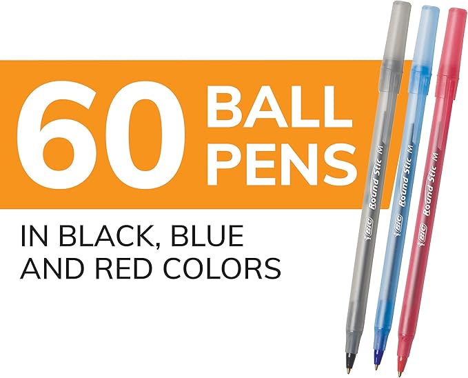 BIC Round Stic Xtra Life Assorted Ink Ballpoint Pens,Medium Point (1.0mm),of Bulk Pens,Flexible Round Barrel for Comfortable Writing,No. 1 Selling Ballpoint-Pens,60 Count (Pack of 9)
