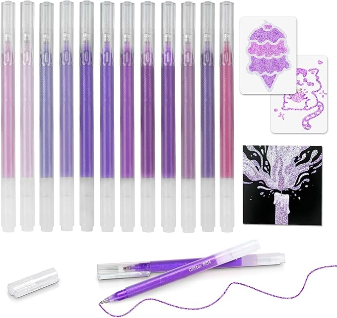 12 Purple Glitter Gel Pens Set, 1.0 mm Fine Point for Black Paper & White Paper, Large Capacity Pens for Journaling, Adult Coloring Books, Drawing, Note Taking, Highlighting